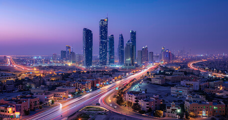 Fototapeta premium A city skyline at dusk with a beautiful sunset in the background. The buildings are tall and the lights are on, creating a warm and inviting atmosphere