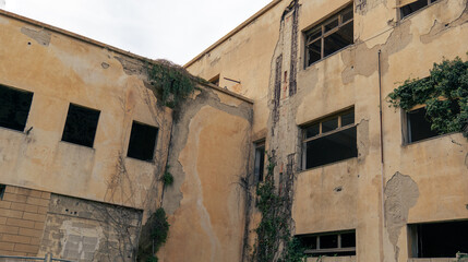 old, abandoned building with cracked walls and overgrown vines, creating a scene of decay and neglect