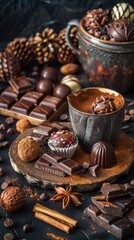 Still life of World Chocolate Day treats, various types of chocolates, truffles, cocoa beans, and a cup of hot chocolate, rich and indulgent atmosphere, detailed and appetizing