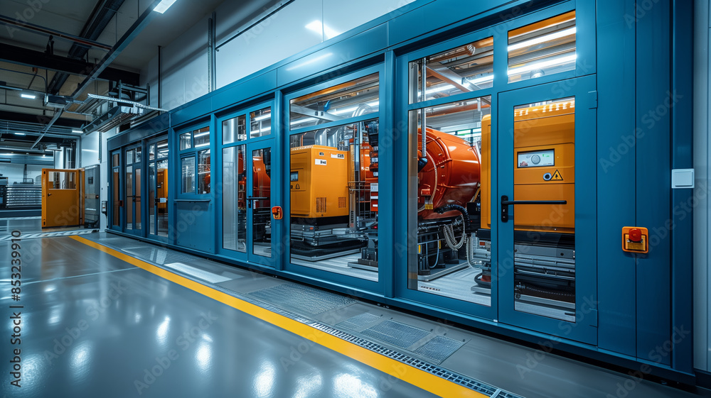 Poster diesel generator, generator room with two generators in factory standby for power backup
