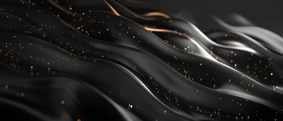 Elegant black fabric waves with a glossy finish, adorned with sparkling gold particles. The flowing, undulating texture creates a luxurious and sophisticated aesthetic