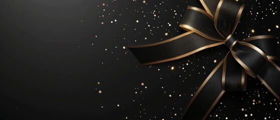 Elegant black ribbon bow with gold edges against a dark background. Sparkling gold particles scattered around add a festive and luxurious touch