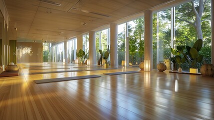 serene yoga studio with bamboo floors, soft lighting, and large windows that let in natural light,...