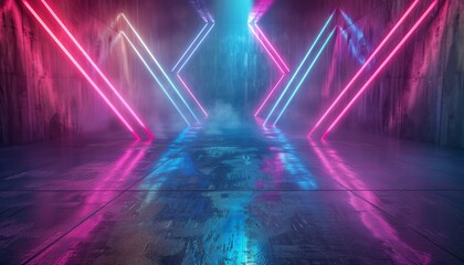 Abstract background with neon blue and pink arrows on dark floor, empty space for product presentation