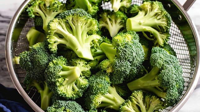 Fresh Green Broccoli Florets in a Colander