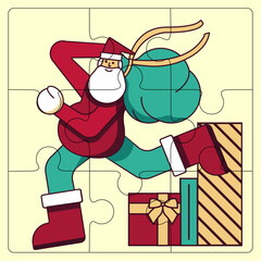 Puzzle template running Santa Claus with bag of gifts. Festive New Year mosaic fictional joyful Character with beard. Boxes with wrapping packaging. Collect riddle for child. Flat vector illustration