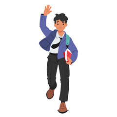 Cartoon Animated Boy Running, Wearing A School Uniform, And Carrying A Backpack And Books, Vector Illustration