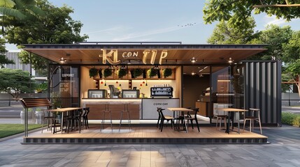 Obraz premium A cafe made from a 20-foot container, a cozy place to relax.