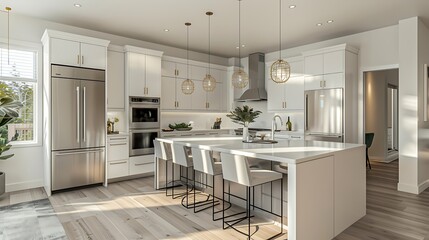 stylish and modern kitchen with sleek white cabinetry, a large island with bar seating, and state-of-the-art appliances