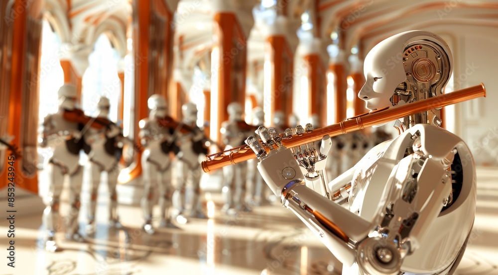 Poster Futuristic android playing the flute in an orchestra, highlighting advanced robotics and artificial intelligence in a musical performance setting., Generative AI