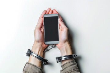 Men's hands are handcuffed to a smartphone on a white background, a concept of unhealthy gadget addiction