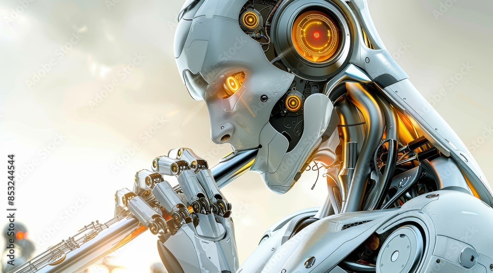 Poster Futuristic android playing the flute, showcasing advanced robotics and artificial intelligence in a high-tech musical performance, Generative AI