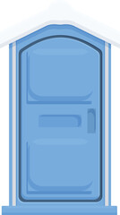 Blue mobile toilet covered with snow standing on a concrete platform, isolated on a white background