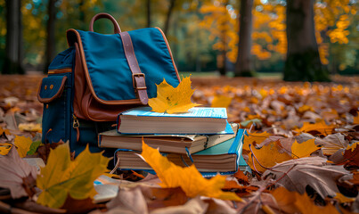 A blue backpack and a stack of books sit on a bed of fallen autumn leaves in a forest setting