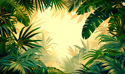 An illustration of a dense tropical rainforest canopy with sun rays filtering through the leaves, creating a warm, golden glow
