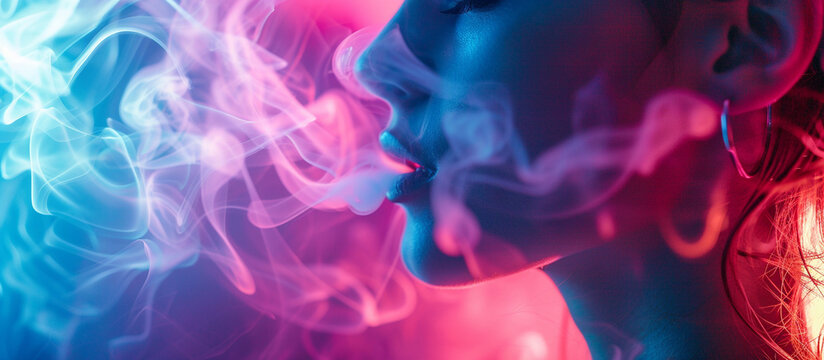 Banner for a vape shop, neon vibe, cinematic light. Woman smoke, close up, vibrant design.