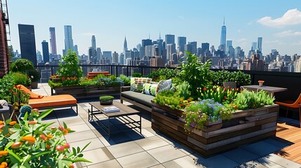 Fototapeta premium stylish rooftop garden with contemporary furniture, raised planters, and a view of the city skyline