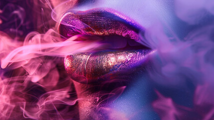 Womans lips with metallic holographic gradient lipstick blowing pink smoke.