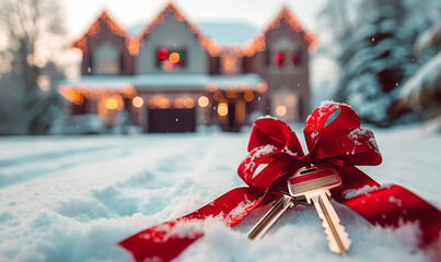 Keys wrapped in a red ribbon lie in the snow on a snowy driveway in front of a house with Christmas lights