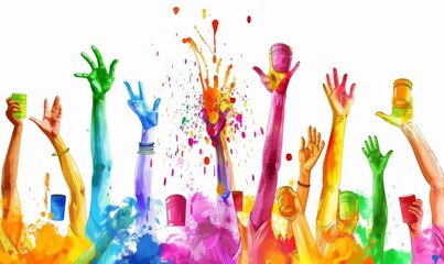 Happy Holi. Festival of Colors. Vector illustration of bright colorful paint cans, splashes, hands