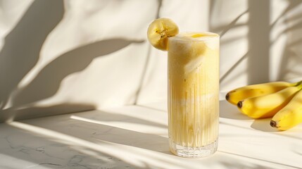 banana milk shake in a glass on a light soft background with sun glare and shadows from plants. healthy eating, healthy smoothie. copy space