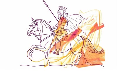Continuous one line drawing of roman knight ridding horse with spear.