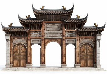 Obraz premium Wooden arched door frame with a white background 