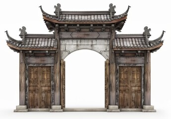 Fototapeta premium Wooden arched door frame with a white background 