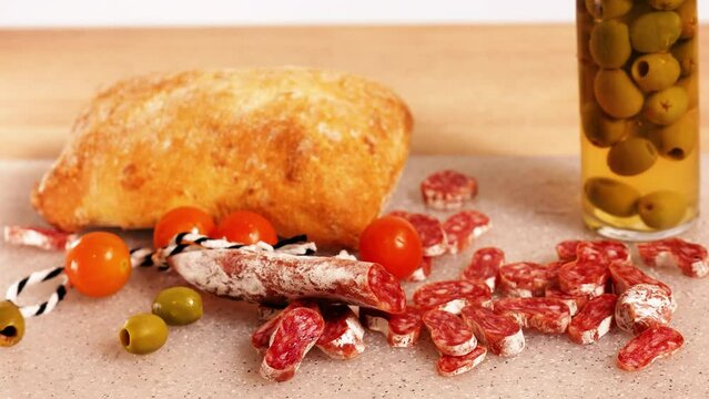 Fresh ciabatta, delicious Spanish fuet cut into pieces, tomato juice in a glass and olives. Siesta, Spanish tapas