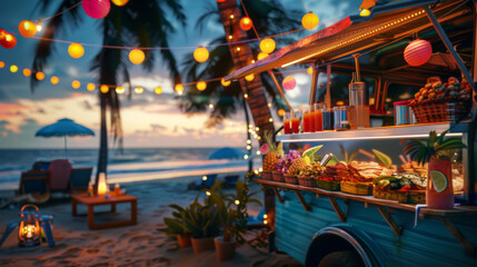 Naklejka premium Food truck adorned with holiday decorations with popular street food on beach party. Evening lights and vacation tropical celebration atmosphere.