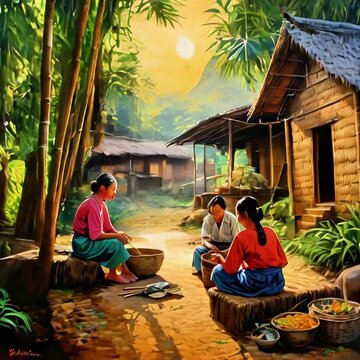 keluarga kecil yg sederhana di sebuah desa sedang menyiapkan bahan makanan di pekarangan rumah