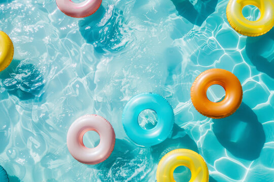 Top view of inflatable swimming rings on a sunlit turquoise pool, depicting summer leisure and fun. colorful pool scene with floaties