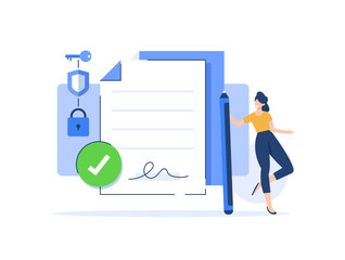 E-signature. Woman signing a legal document. Businesswoman signing online contract with digital signature. Verifying the authenticity of digital message or document
