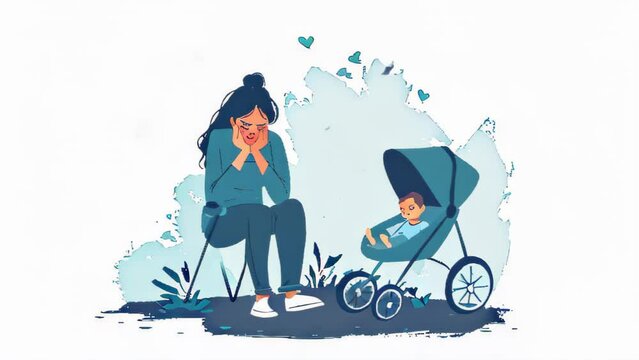 Postpartum depression. A woman sits on a bench with a baby in a stroller. The baby is crying and the woman looks sad