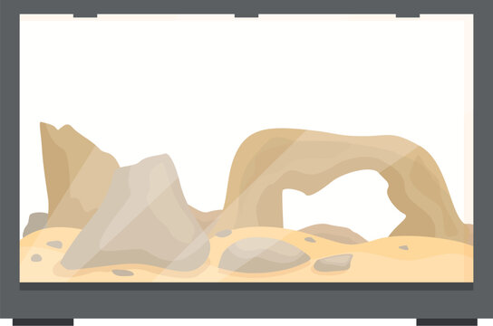 Empty desert terrarium is waiting for a reptile pet, complete with sand, rocks, and a hide