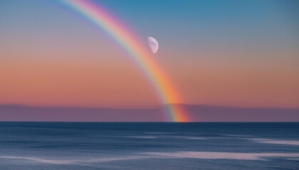 Abstract background of amazing crescent moon over the sea with rainbow at sunset