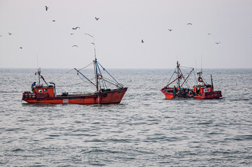 Two small fishing boats fishing off the coast of Mar del Plata	