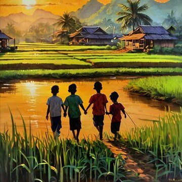 anak anak bermain di sawah