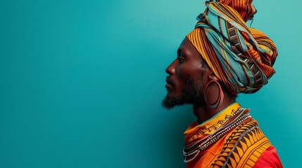 Fototapeta premium A man in vibrant African garb stands in profile against a bright teal background
