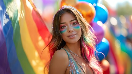 Colorful Pride Celebration with Smiling Woman and Rainbow Flags