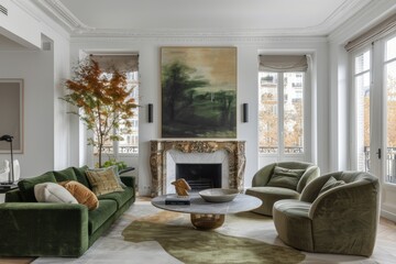 Modern living room with green and beige accents and large windows