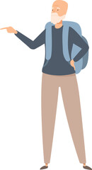 Elderly man with a backpack is pointing towards something, embarking on new adventures during his retirement