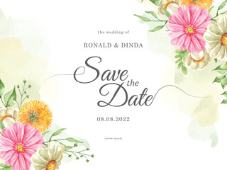 flower and leaves watercolor painting with splash on wedding invitation card