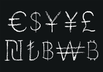 Currency symbols with chalk stroke texture isolated on white background. Dollar, pound sterling, yen, yuan, shekel, turkish lira, baht, won and euro dollar currency icon. Vector set. Not AI created.