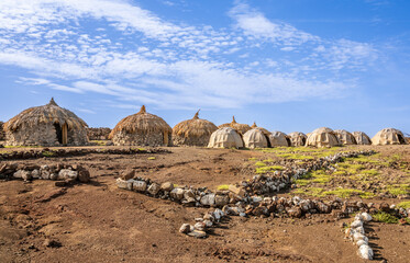 Traditional nomad style camping houses and tents at lake Abbe, Dikhil region, Djibouti