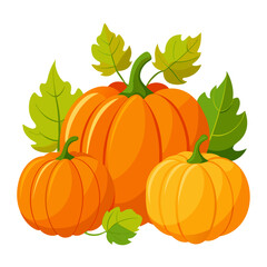Flat vector image of orange pumpkins with green leaves, shown whole, on a white background.