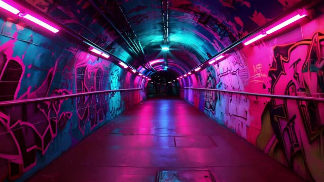 Amidst the vibrant tunnels there are bursts of neon graffiti art adding an urban and edgy vibe to the already pulsating environment.