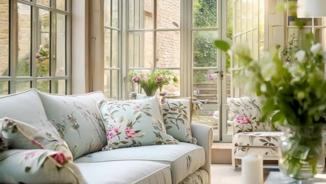 Cottage conservatory room decor, interior design and house improvement, garden furniture with sofa and home decor, English country house style