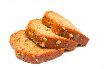 Banana Walnut Cake placed on white background, isolate, food cake, American dessert