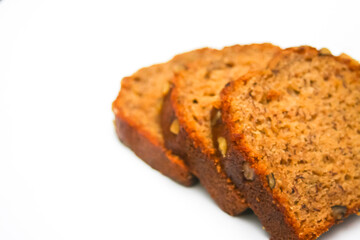 Banana Walnut Cake placed on white background, isolate, food cake, American dessert